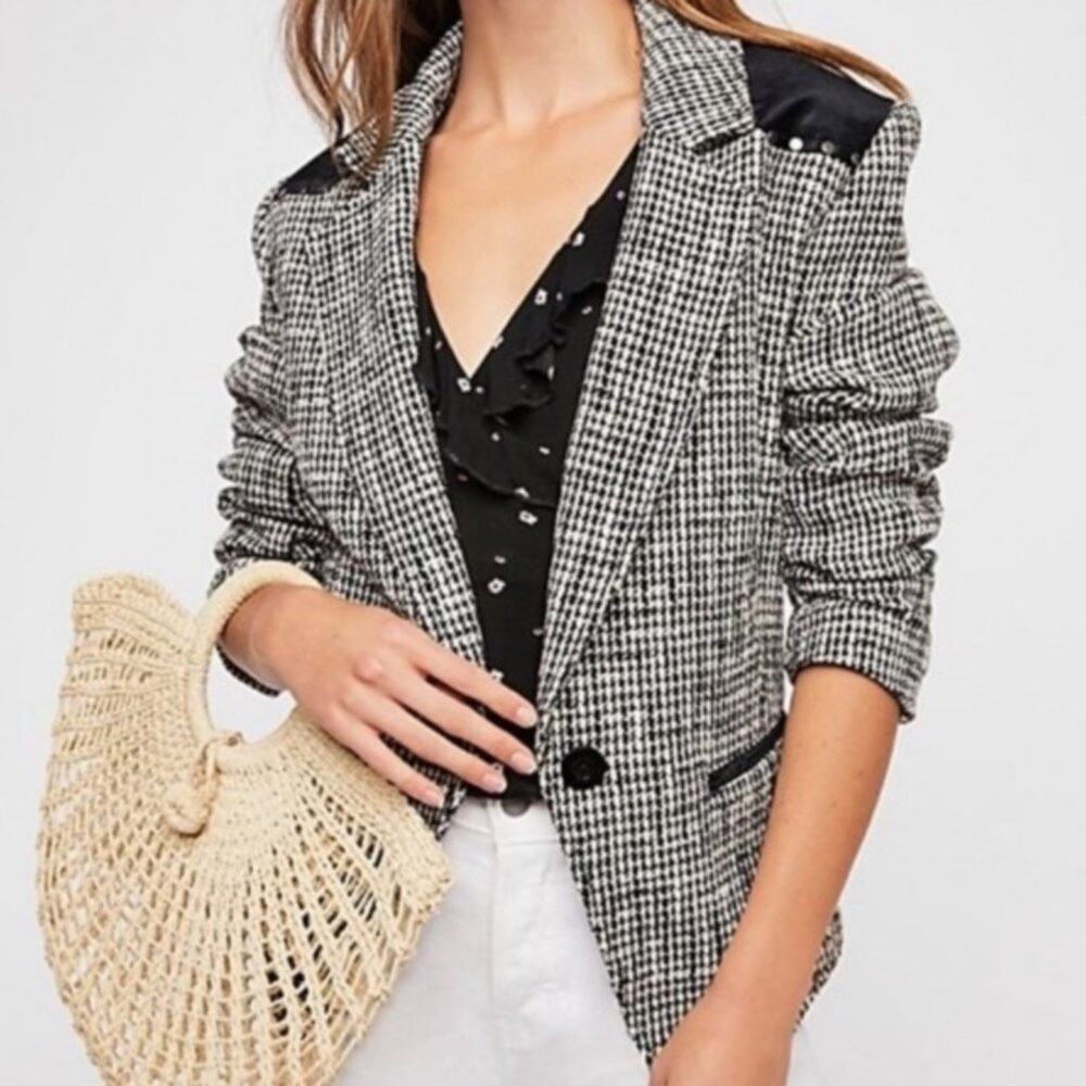 Free People Black and White Houndstooth Blazer